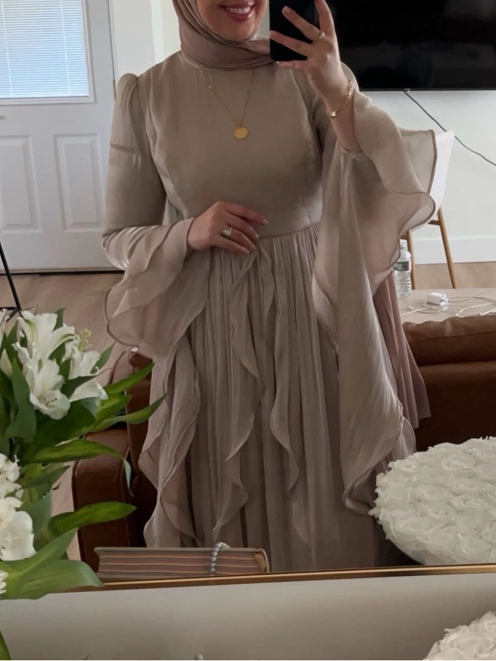 Elegant Long Sleeve Maxi Dress in Taupe